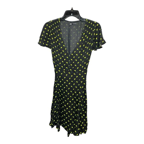 Zara Mini Dress SMALL Black Yellow Lemon Print V-Neck Short Sleeve Casual Button - Picture 2 of 5